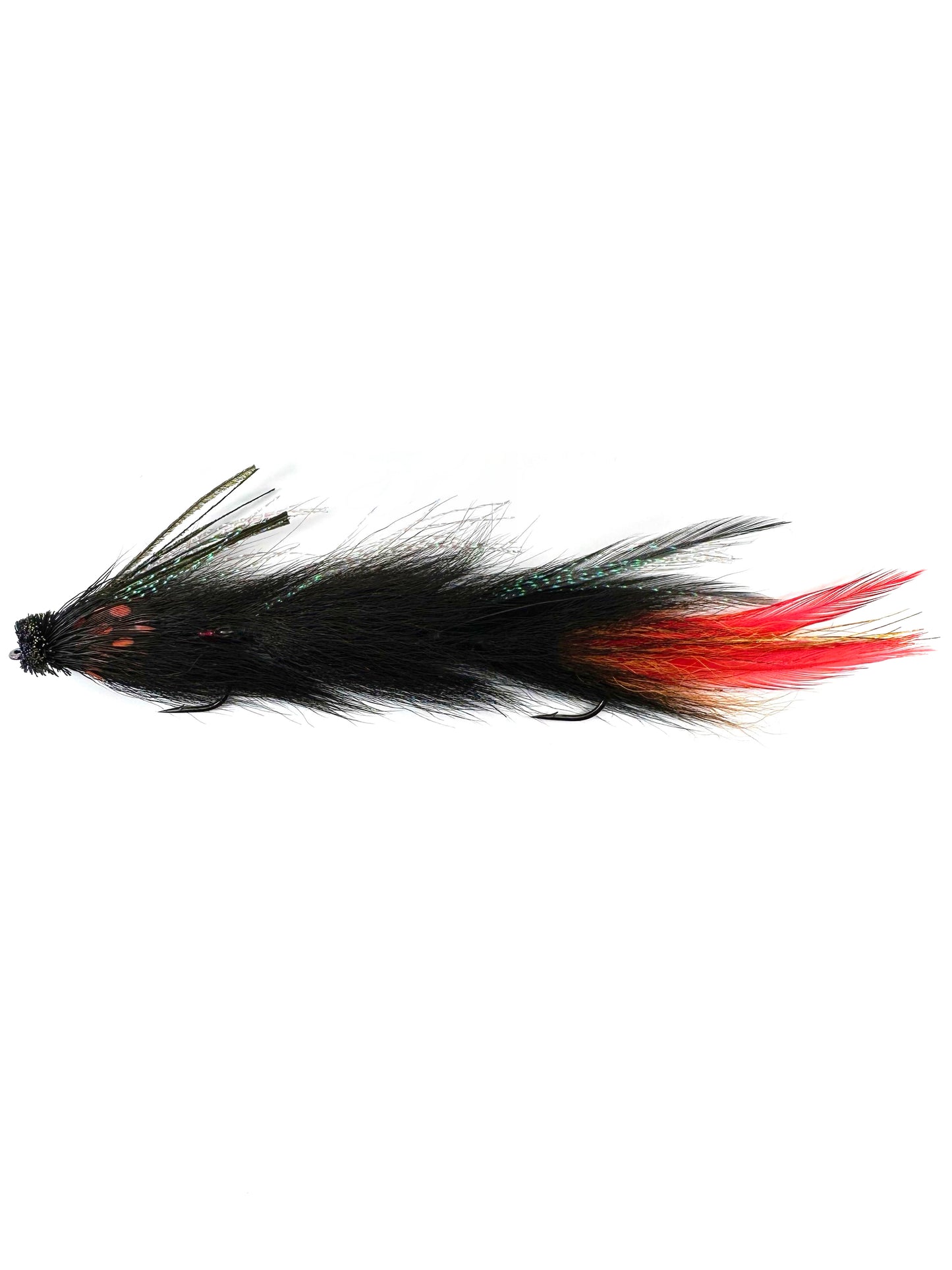 High-resolution image of a large black and red articulated streamer fly for fly fishing, showcasing expert fly tying techniques and realistic baitfish patterns ideal for catching big pike, trout and bass.