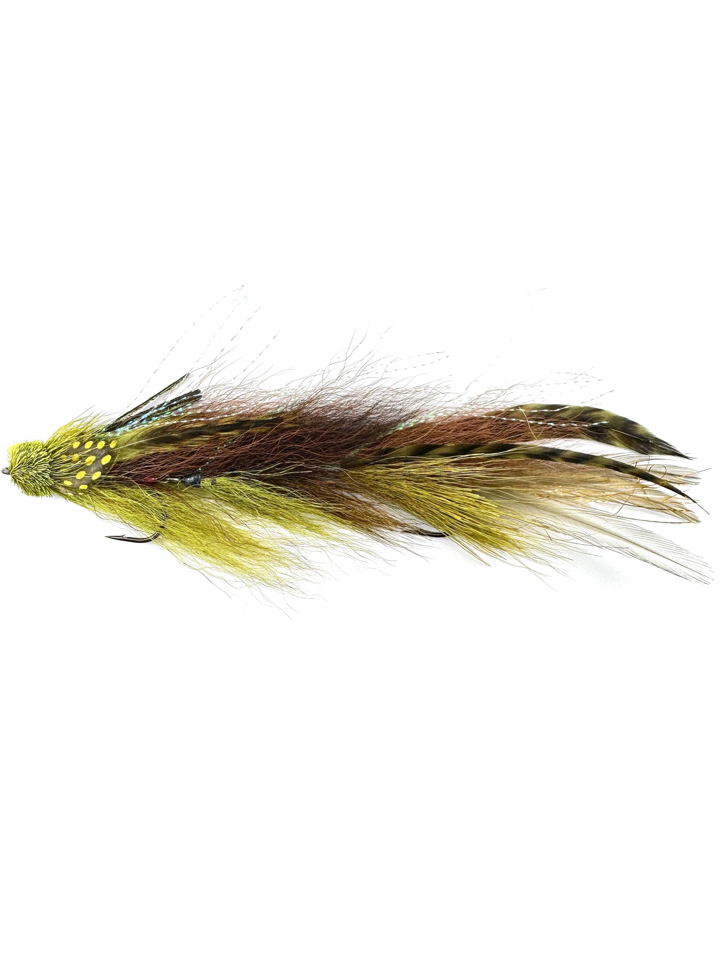 High-resolution image of a large natural olive articulated streamer fly for fly fishing, showcasing expert fly tying techniques and realistic baitfish patterns ideal for catching big trout and bass.