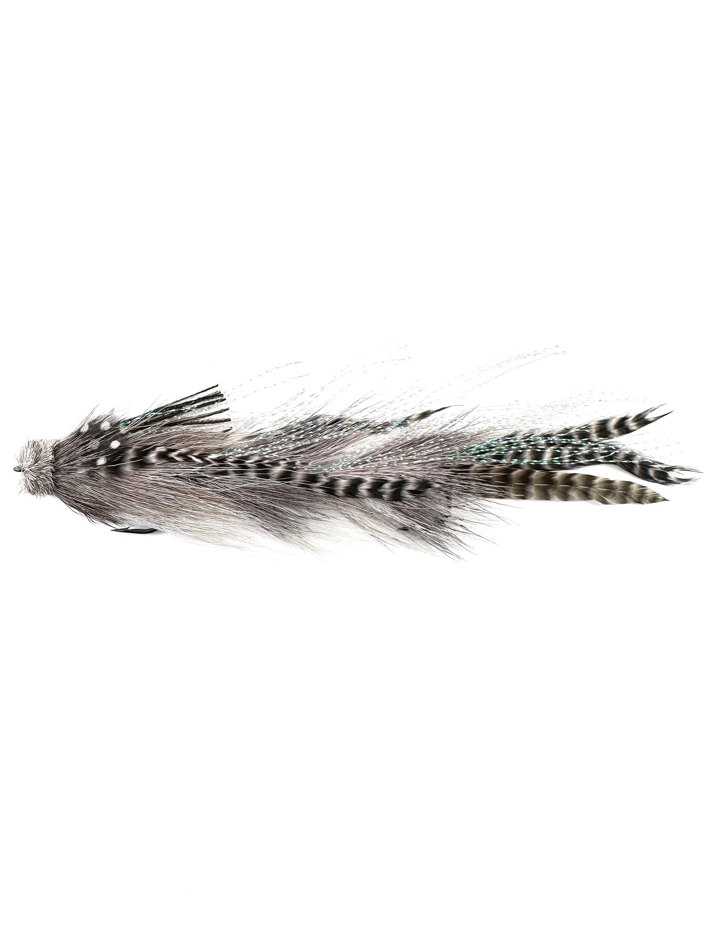 High-resolution image of a large white articulated streamer fly for fly fishing, showcasing expert fly tying techniques and realistic baitfish patterns ideal for catching big pike, trout and bass.