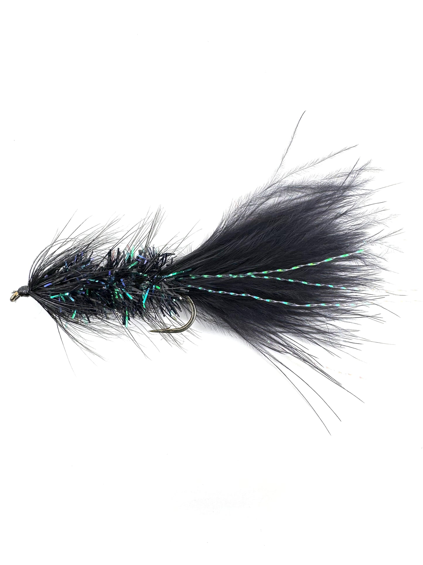 Black Crystal Woolly Bugger fly—a sparkling, versatile fly fishing lure effective for catching trout, bass, and salmon in freshwater rivers and lakes.