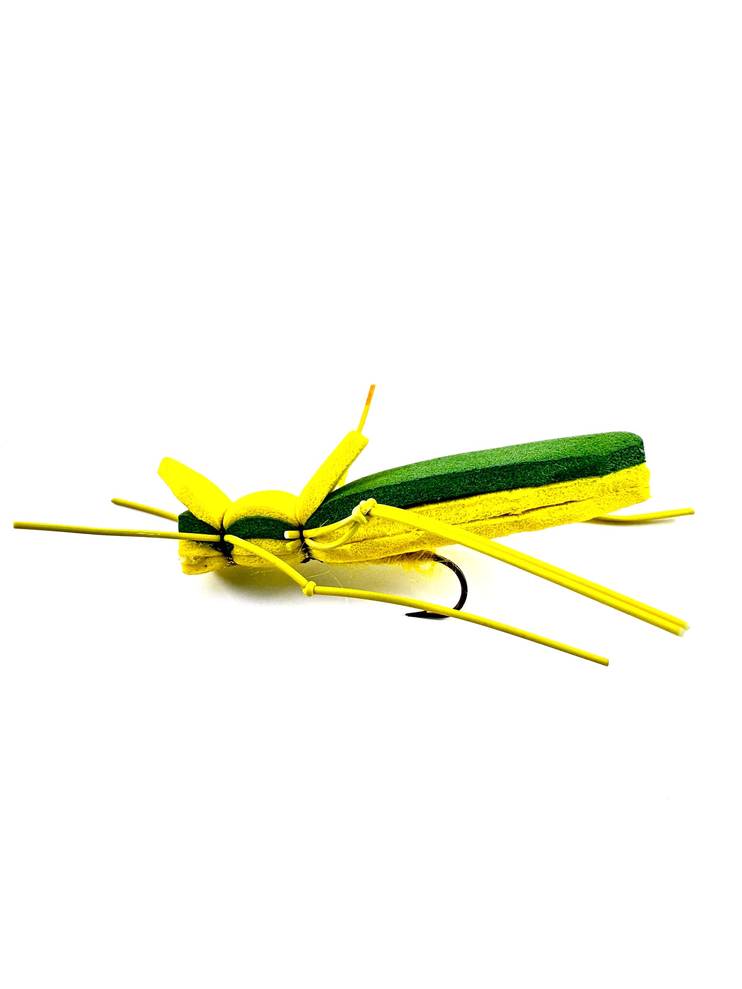 Realistic Green Yellow Grasshopper Fly fishing fly, expertly tied to imitate terrestrial insects. Perfect for fly fishing in summer months when grasshoppers are abundant. Ideal for catching trout, bass, and panfish on the surface, this durable topwater fly provides excellent floating action for enticing strikes.