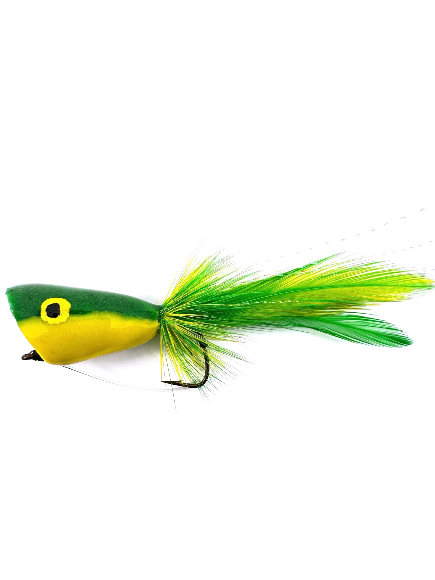 High-quality bass popper fly for fly fishing, designed to create surface disturbance and attract bass in freshwater lakes and rivers. Durable, hand-tied materials ensure excellent floatation and lifelike action, making it ideal for anglers targeting largemouth and smallmouth bass.