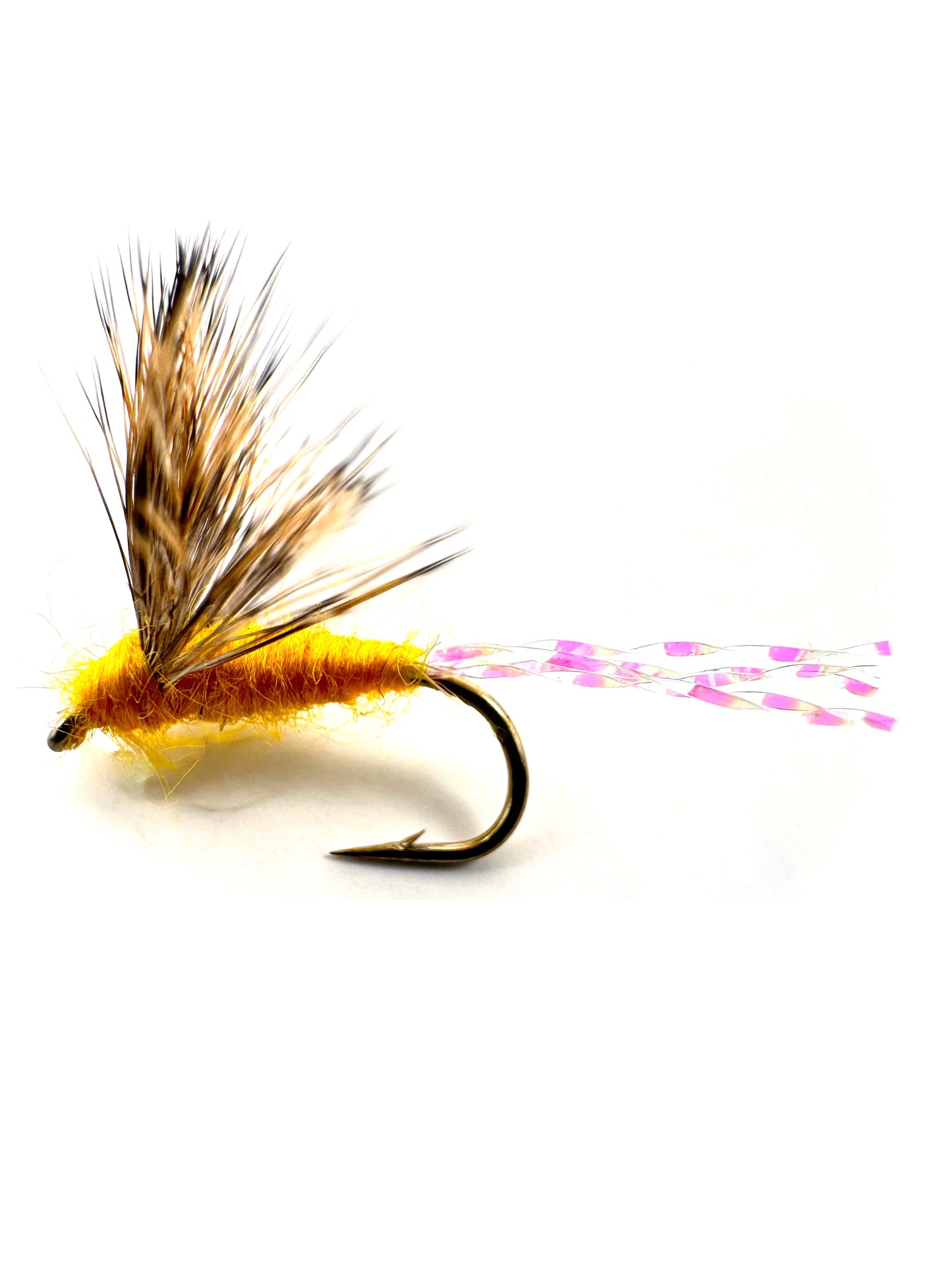 Close-up image of a Sparkle Dun Sulphur fly for fly fishing, ideal dry fly pattern for trout fishing in freshwater streams.