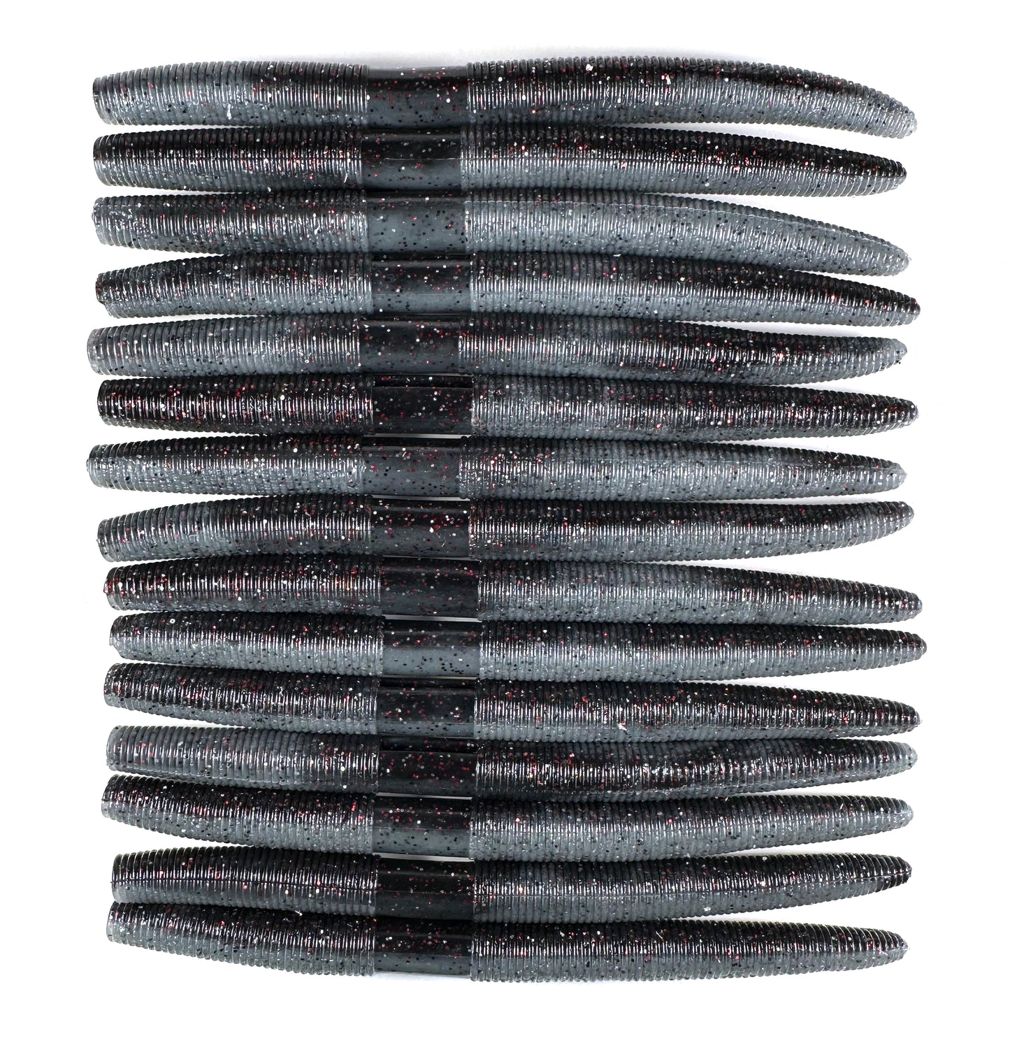 Black Grey Red Flake pattern 15 pack five inches Senkos for bass fishing, soft plastic stick baits designed for targeting largemouth and smallmouth bass. Durable and versatile, perfect for wacky rig, Texas rig, or weightless presentations. Natural brown cinnamon color mimics real baitfish and worms, ideal for bass in lakes and rivers. High-quality senko baits for effective bass fishing.