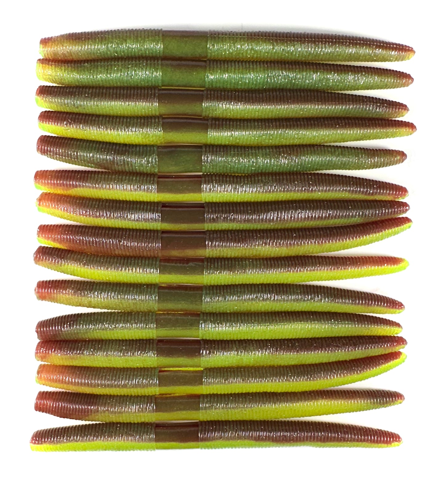 Bluegill pattern 15 pack five inches Senkos for bass fishing, soft plastic stick baits designed for targeting largemouth and smallmouth bass. Durable and versatile, perfect for wacky rig, Texas rig, or weightless presentations. Natural brown cinnamon color mimics real baitfish and worms, ideal for bass in lakes and rivers. High-quality senko baits for effective bass fishing.