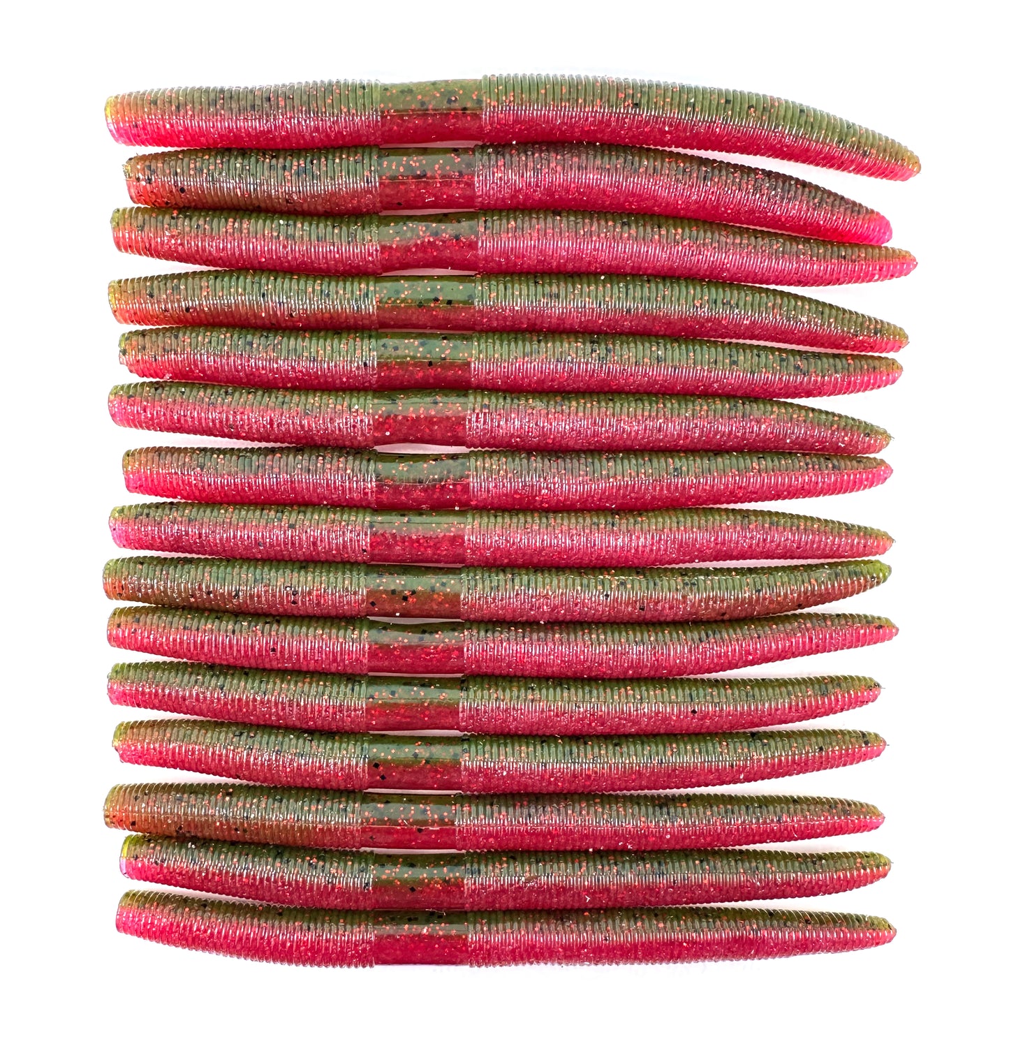 Red pumpkin pattern 15 pack Senkos for bass fishing, soft plastic stick baits designed for targeting largemouth and smallmouth bass. Durable and versatile, perfect for wacky rig, Texas rig, or weightless presentations. Natural brown cinnamon color mimics real baitfish and worms, ideal for bass in lakes and rivers. High-quality senko baits for effective bass fishing.