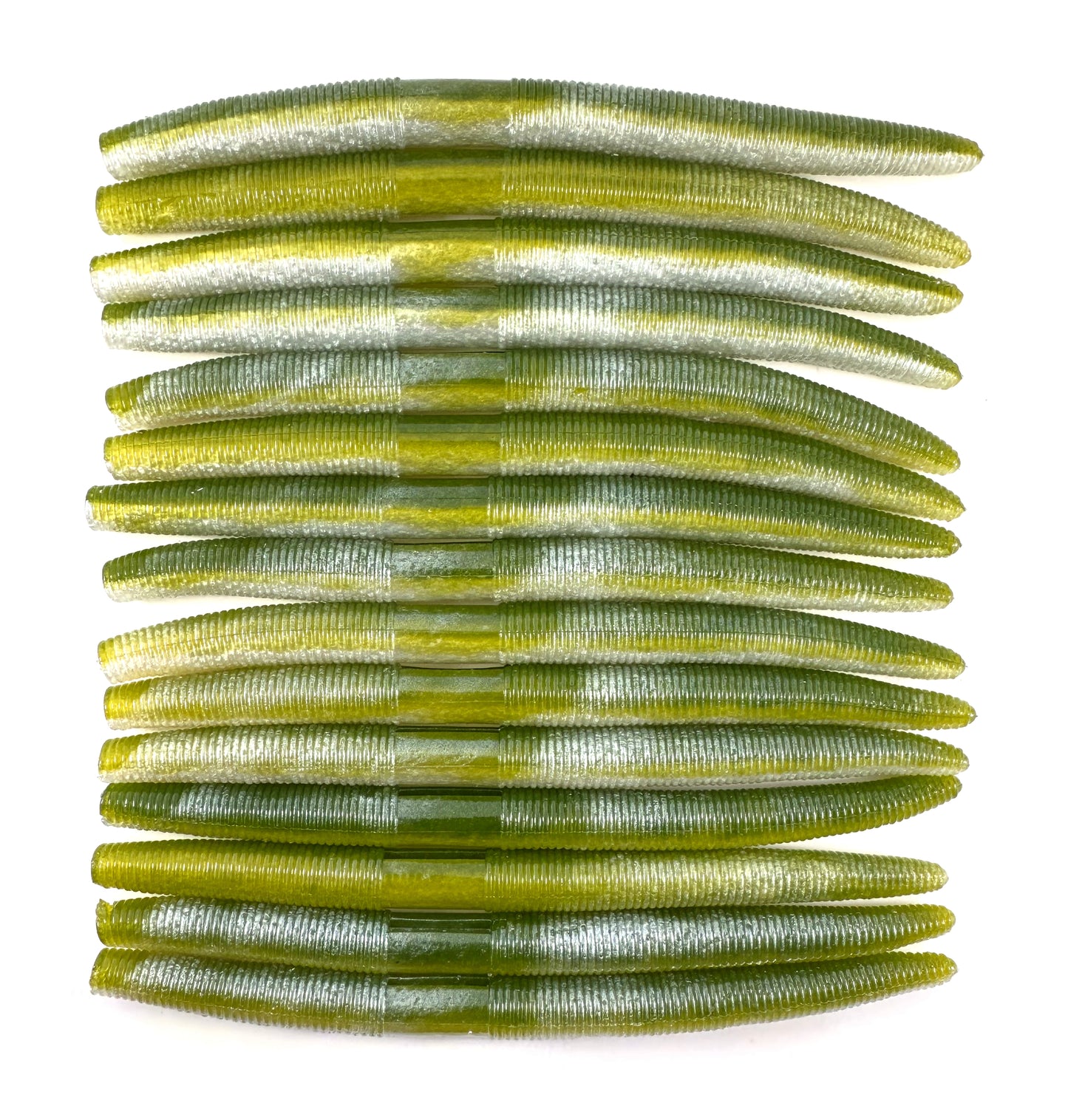 Watermelon Ice pattern 15 pack Senkos for bass fishing, soft plastic stick baits designed for targeting largemouth and smallmouth bass. Durable and versatile, perfect for wacky rig, Texas rig, or weightless presentations. Natural brown cinnamon color mimics real baitfish and worms, ideal for bass in lakes and rivers. High-quality senko baits for effective bass fishing.