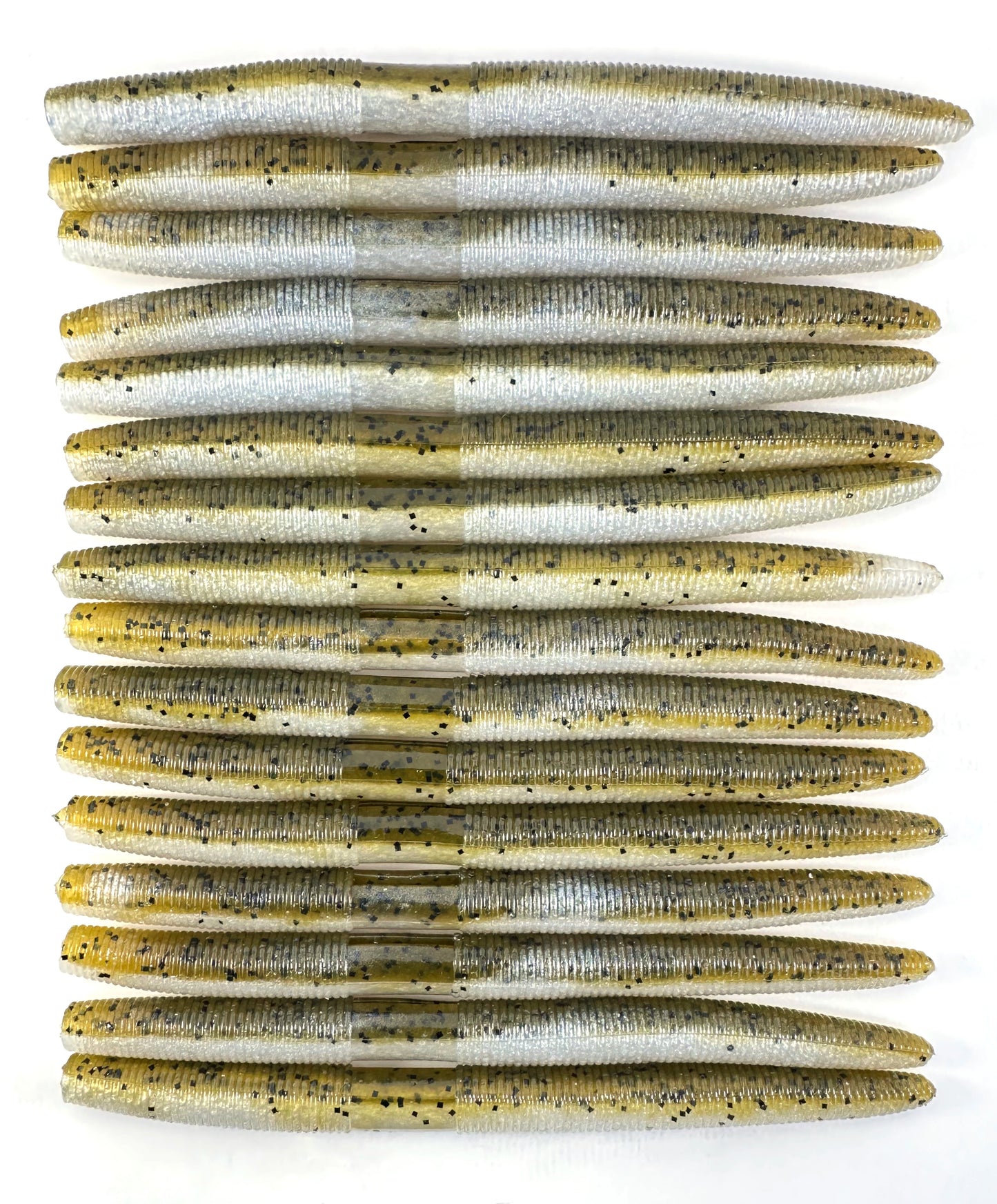 Baby bass pattern 15 pack Senkos for bass fishing, soft plastic stick baits designed for targeting largemouth and smallmouth bass. Durable and versatile, perfect for wacky rig, Texas rig, or weightless presentations. Natural brown cinnamon color mimics real baitfish and worms, ideal for bass in lakes and rivers. High-quality senko baits for effective bass fishing.