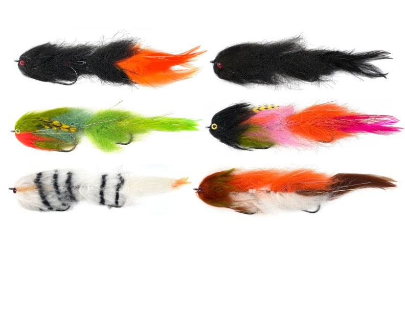 6-Pack of Assorted Color Articulated Yard Sale Streamer Flies with Single Hooks—Versatile Fly Fishing Lures for Catching Trout, Bass, and Pike in Freshwater Rivers and Lakes.