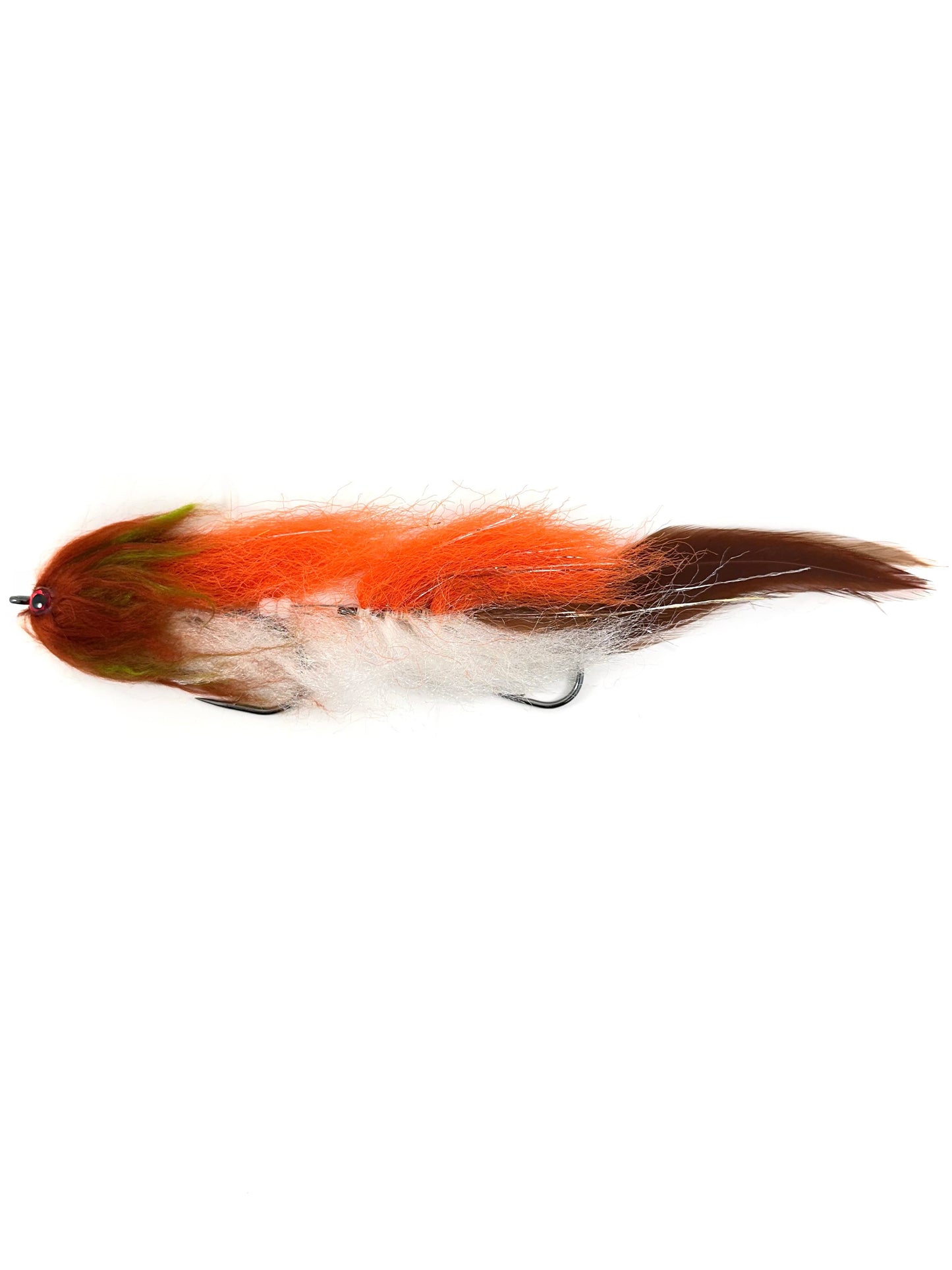 Yale Sale Articulated Streamer Fly in brown, orange, and white for fly fishing, designed to target pike, bass, musky, and other predatory fish. Featuring a two-part articulated body for realistic movement, this streamer mimics baitfish in vibrant colors. Hand-tied with durable materials, perfect for fishing in rivers and lakes. High-quality Yale Sale Articulated Streamer for aggressive strikes and effective fly fishing presentations.