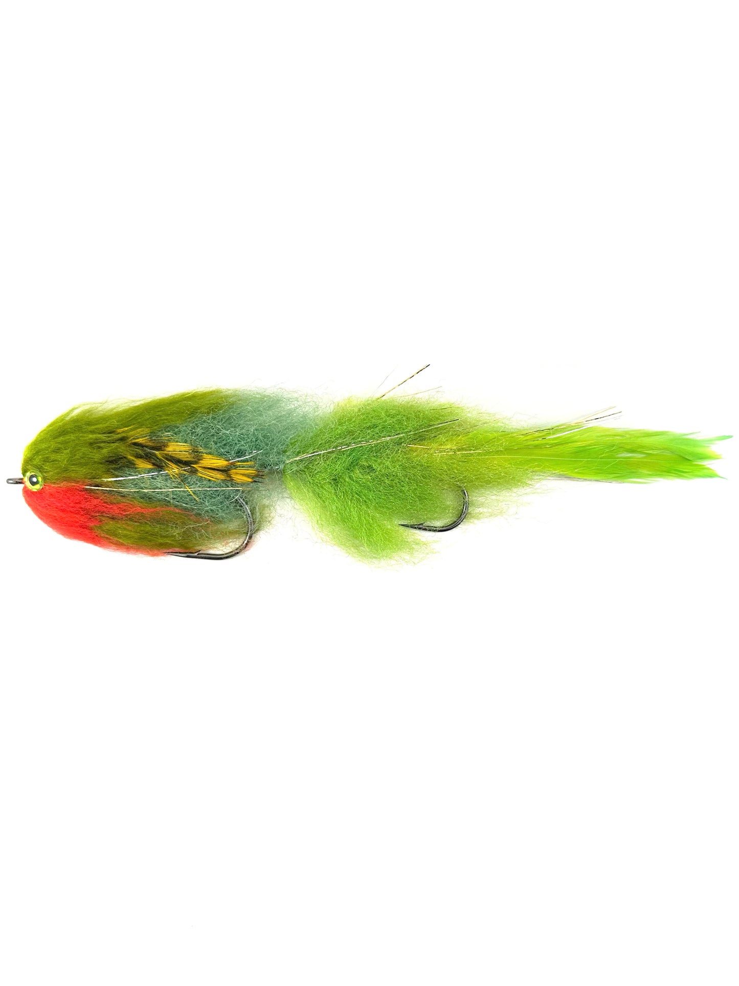 Yale Sale Articulated Streamer Fly in green and red belly for fly fishing, designed to target pike, bass, musky, and other predatory fish. Featuring a two-part articulated body for realistic movement, this streamer mimics baitfish in vibrant colors. Hand-tied with durable materials, perfect for fishing in rivers and lakes. High-quality Yale Sale Articulated Streamer for aggressive strikes and effective fly fishing presentations.
