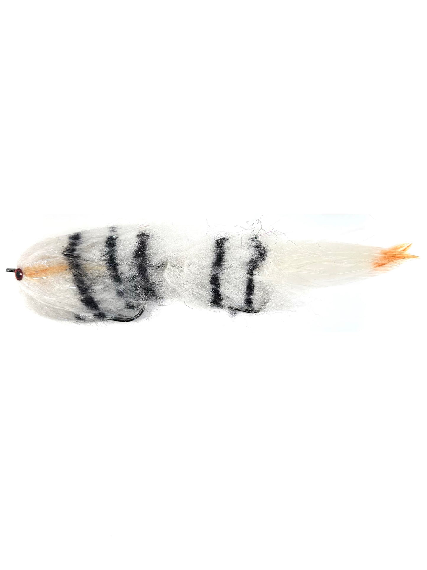 Yale Sale Articulated Streamer Fly in white with black stripes for fly fishing, designed to target pike, bass, musky, and other predatory fish. Featuring a two-part articulated body for realistic movement, this streamer mimics baitfish in vibrant colors. Hand-tied with durable materials, perfect for fishing in rivers and lakes. High-quality Yale Sale Articulated Streamer for aggressive strikes and effective fly fishing presentations.