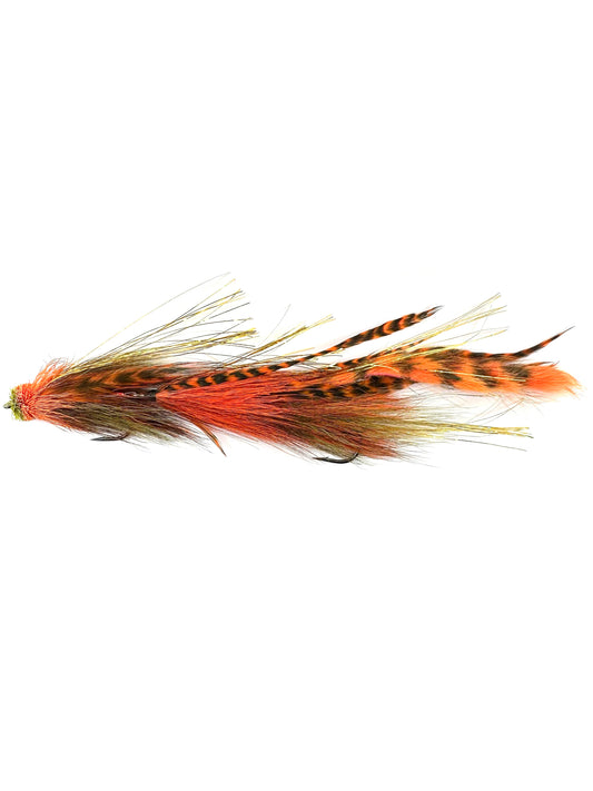 High-resolution image of a large fire orange articulated streamer fly for fly fishing, showcasing expert fly tying techniques and realistic baitfish patterns ideal for catching big pike, trout and bass.