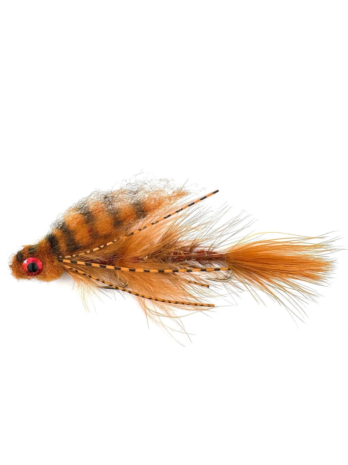 Articulated Brown Baby Gonga Streamer fly fishing lure for targeting large trout, bass, and predatory fish. Hand-tied with a two-part articulated design for realistic swimming action, mimicking baitfish in olive color. Ideal for fly fishing in rivers and lakes, designed for aggressive strikes. High-quality Olive Baby Gonga Streamer for effective fly fishing presentations.