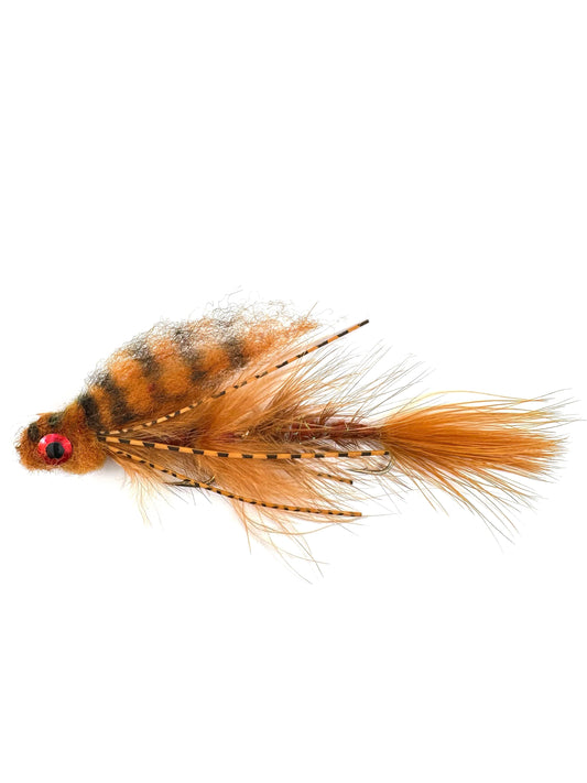 Articulated Brown Baby Gonga Streamer fly fishing lure for targeting large trout, bass, and predatory fish. Hand-tied with a two-part articulated design for realistic swimming action, mimicking baitfish in olive color. Ideal for fly fishing in rivers and lakes, designed for aggressive strikes. High-quality Olive Baby Gonga Streamer for effective fly fishing presentations.