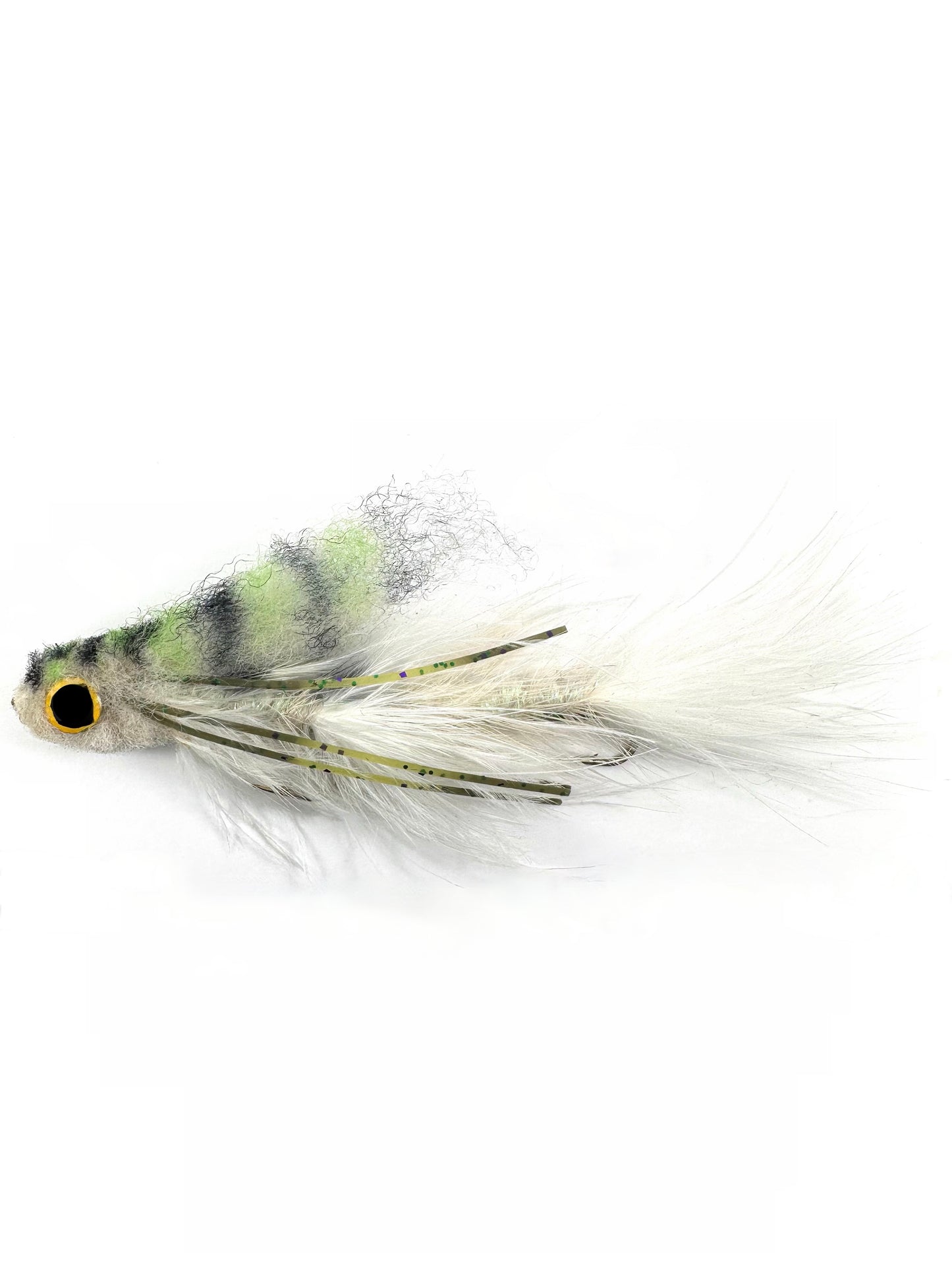 Articulated White Baby Gonga Streamer fly fishing lure for targeting large trout, bass, and predatory fish. Hand-tied with a two-part articulated design for realistic swimming action, mimicking baitfish in olive color. Ideal for fly fishing in rivers and lakes, designed for aggressive strikes. High-quality Olive Baby Gonga Streamer for effective fly fishing presentations.