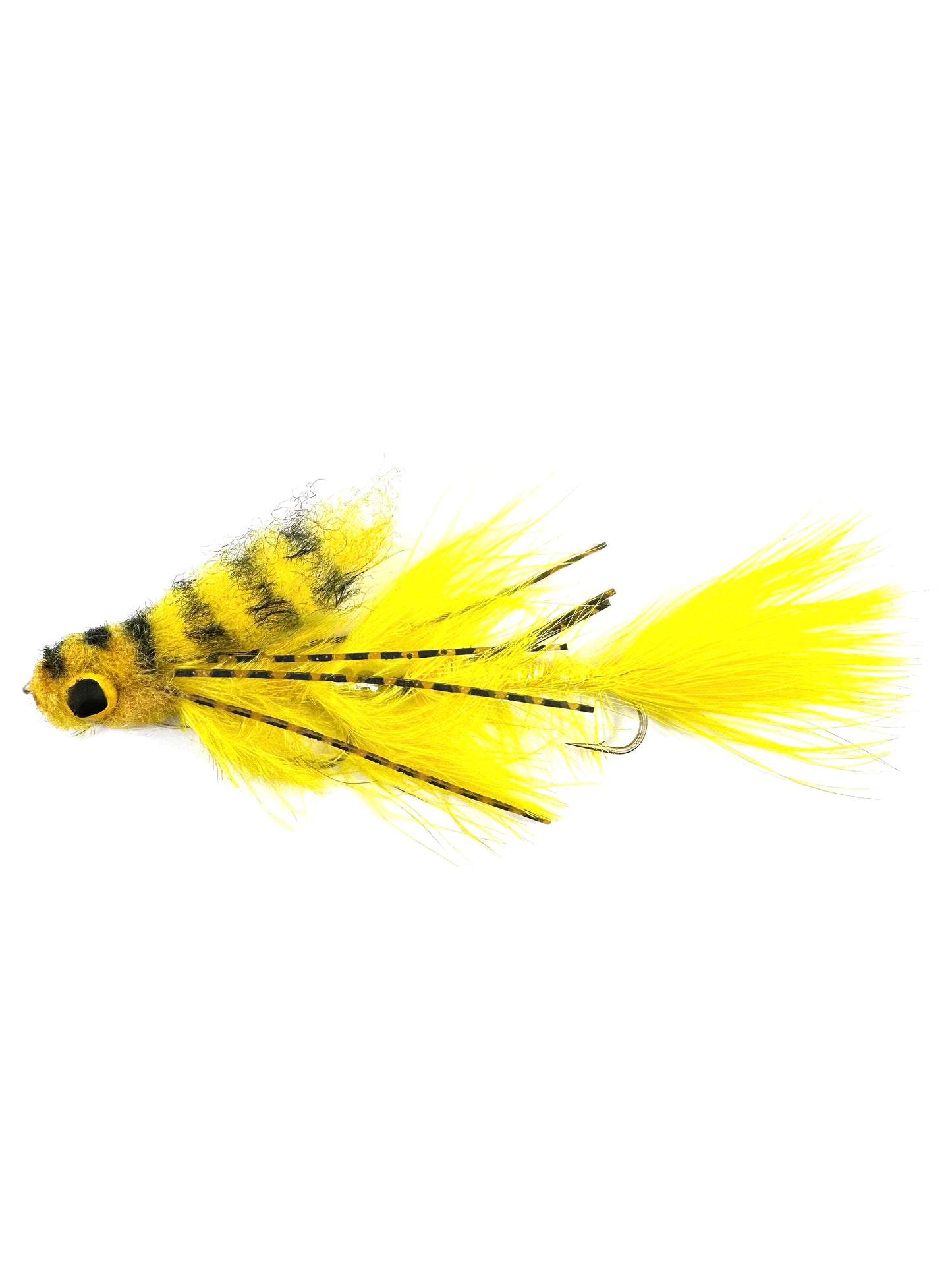 Articulated yellow Baby Gonga Streamer fly fishing lure for targeting large trout, bass, and predatory fish. Hand-tied with a two-part articulated design for realistic swimming action, mimicking baitfish in olive color. Ideal for fly fishing in rivers and lakes, designed for aggressive strikes. High-quality Olive Baby Gonga Streamer for effective fly fishing presentations.