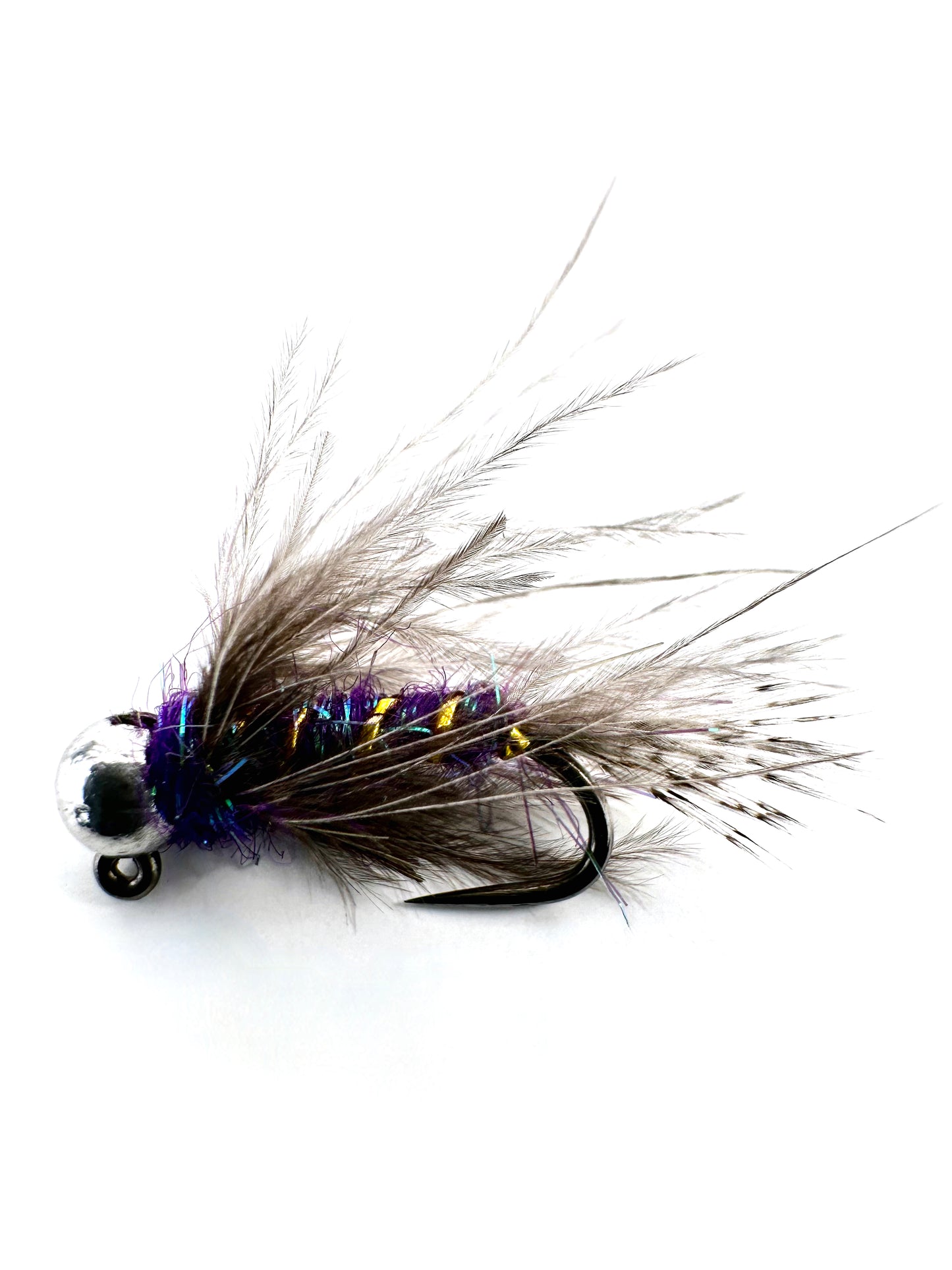 Duracell Euro Nymph Fly for Fly Fishing – Premium Hand-Tied Tungsten Bead Nymph with Purple-Colored Body and CDC Collar, Ideal for Trout Anglers Using European Nymphing Techniques.