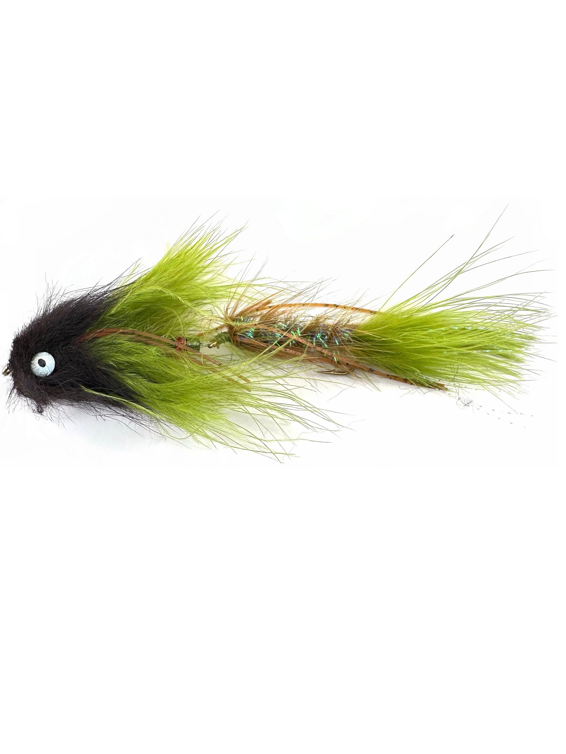 Black and Olive Heisenberg articulated streamer fly—a highly effective fly fishing lure for targeting large trout, bass, and other predatory fish in freshwater rivers and streams.