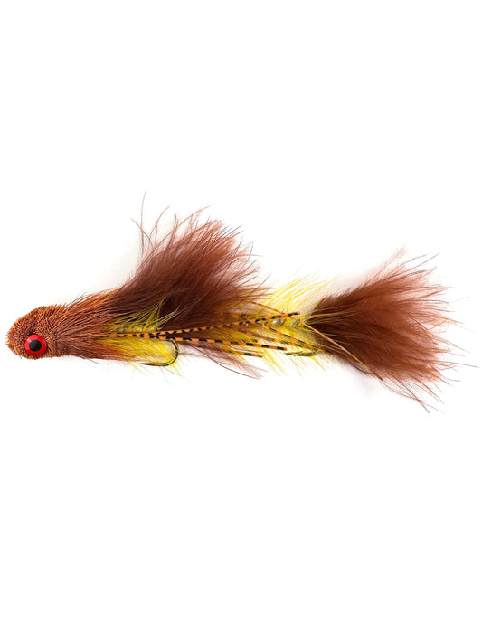 Brown and Yellow Articulated Sex Dungeon Streamer Fly—a premium fly fishing lure ideal for catching large trout, bass, and pike in freshwater rivers and lakes.