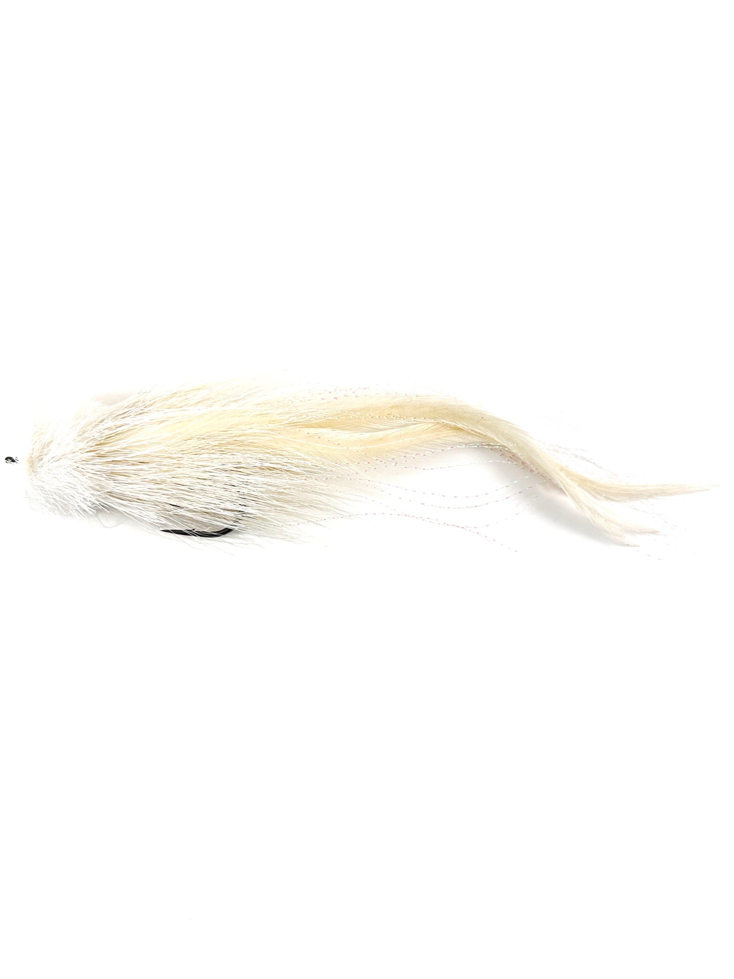 Single Buford musky fly in white color patterns – expertly designed for musky fishing in various water conditions, built with high-quality materials for durability and long-lasting performance.