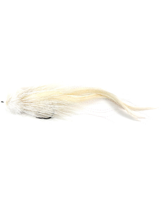 Single Buford musky fly in white color patterns – expertly designed for musky fishing in various water conditions, built with high-quality materials for durability and long-lasting performance.