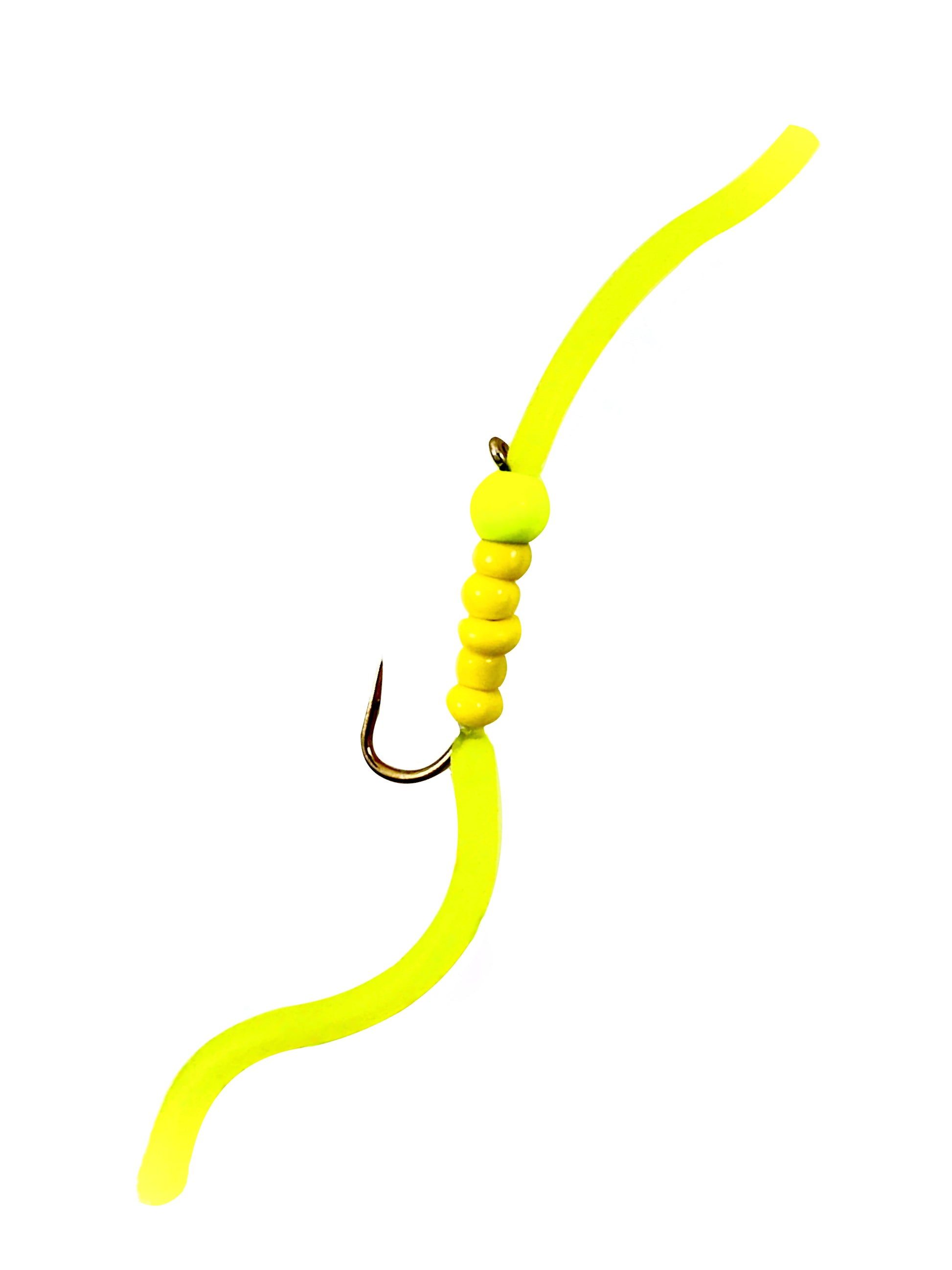 Chartreuse bead head Squirmy Wormy fly for fly fishing or drift fishing on a centerpin. Bright, lifelike worm pattern designed to attract trout, steelhead, and other freshwater species in various water conditions.