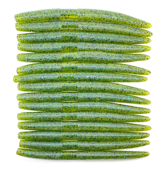 Watermelon blue flake pattern 15 pack five inches Senkos for bass fishing, soft plastic stick baits designed for targeting largemouth and smallmouth bass. Durable and versatile, perfect for wacky rig, Texas rig, or weightless presentations. Natural brown cinnamon color mimics real baitfish and worms, ideal for bass in lakes and rivers. High-quality senko baits for effective bass fishing.