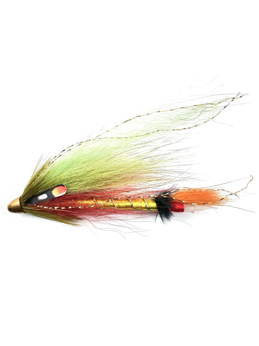 Temple Dog Tube Spey Olive Flash Fly for fly fishing, designed for targeting salmon, steelhead, and trout. Hand-tied with premium temple dog fur for natural movement in the water, this tube fly is perfect for Spey casting in rivers and streams. Durable construction ensures long-lasting performance. High-quality Temple Dog Tube Spey Fly for effective fly fishing presentations and strong strikes.