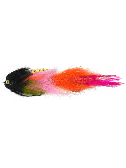 Yale Sale Articulated Streamer Fly in black, pink, orange, and green for fly fishing, designed to target pike, bass, musky, and other predatory fish. Featuring a two-part articulated body for realistic movement, this streamer mimics baitfish in vibrant colors. Hand-tied with durable materials, perfect for fishing in rivers and lakes. High-quality Yale Sale Articulated Streamer for aggressive strikes and effective fly fishing presentations.